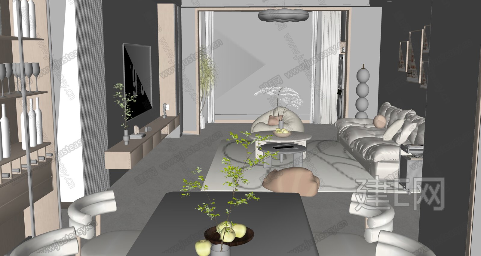 现代奶油风客餐厅模型SU模型下载[ID:116740479]_建E室内设计网