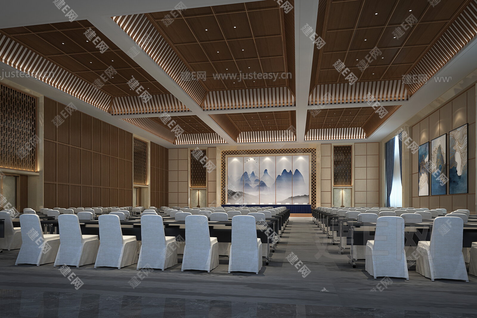 新中式会议厅模型SU模型下载[ID:116674955]_建E室内设计网