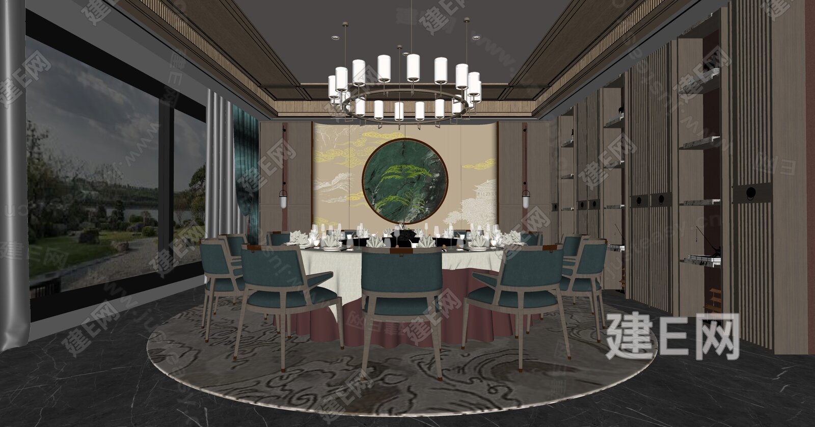 新中式餐厅包间3d模型下载[ID:108288013]_建e网3d模型