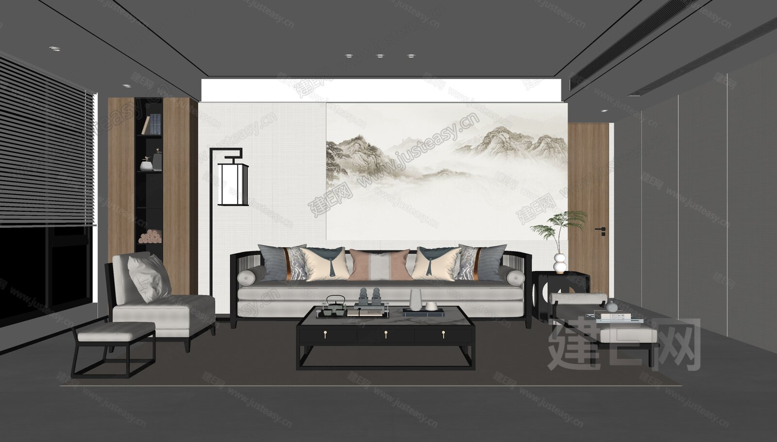 新中式客厅 模型SU模型下载[ID:117395724]_建E室内设计网