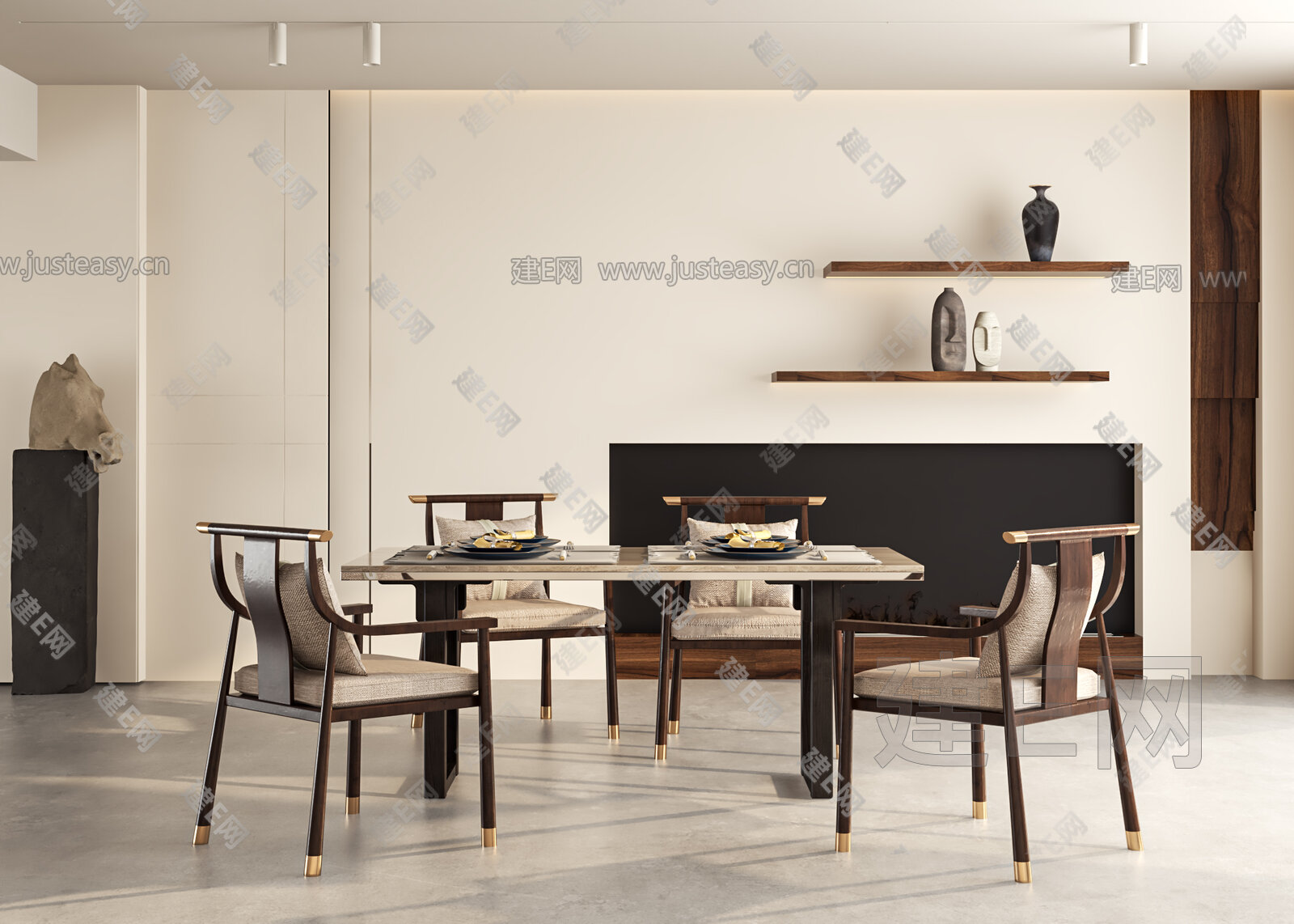 新中式餐厅模型SU模型下载[ID:109859239]_建e网su模型