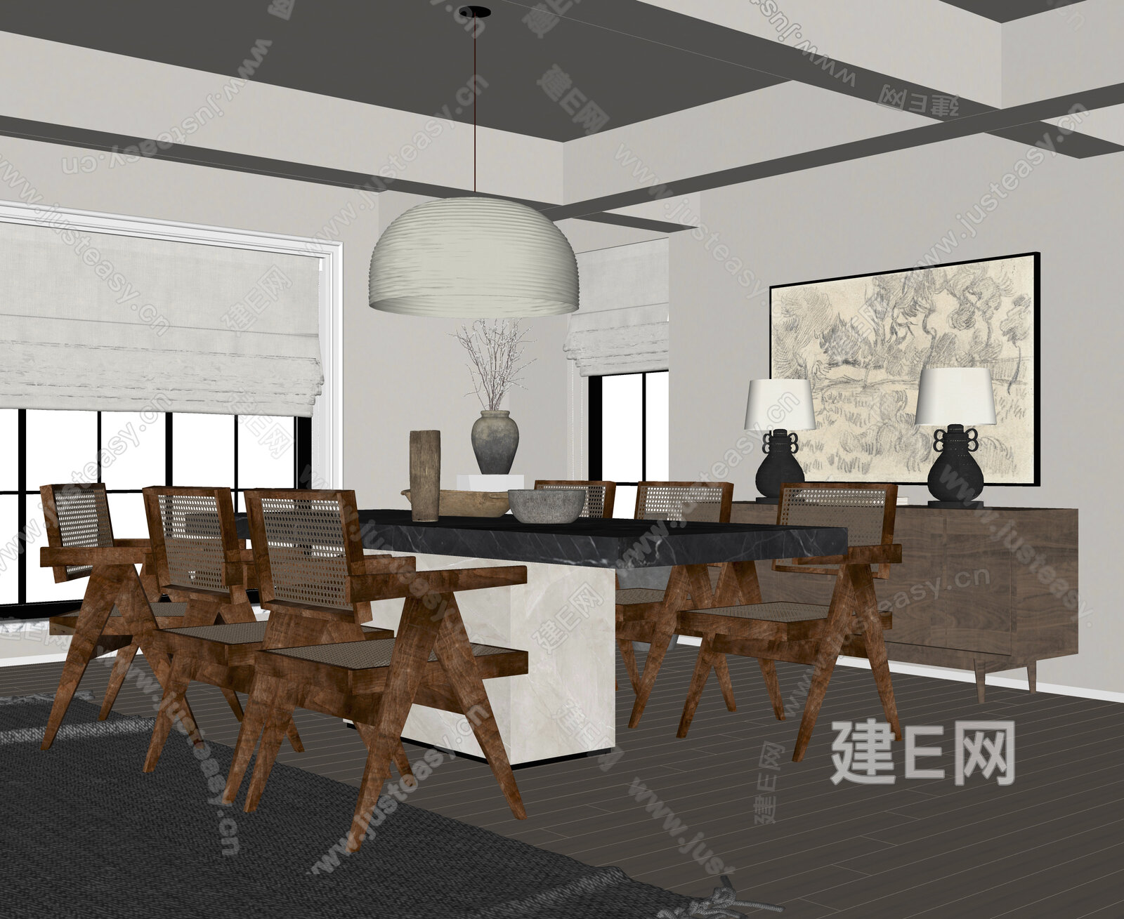 侘寂风餐厅模型SU模型下载[ID:110514488]_建e网su模型