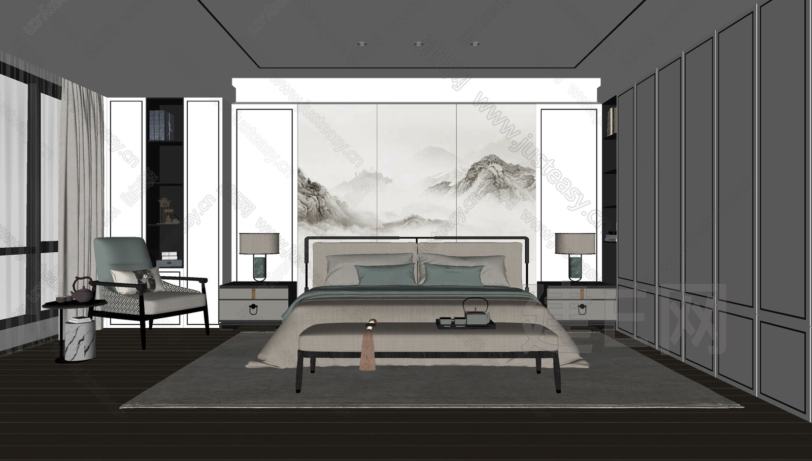 新中式卧室模型SU模型下载[ID:110121466]_建E室内设计网