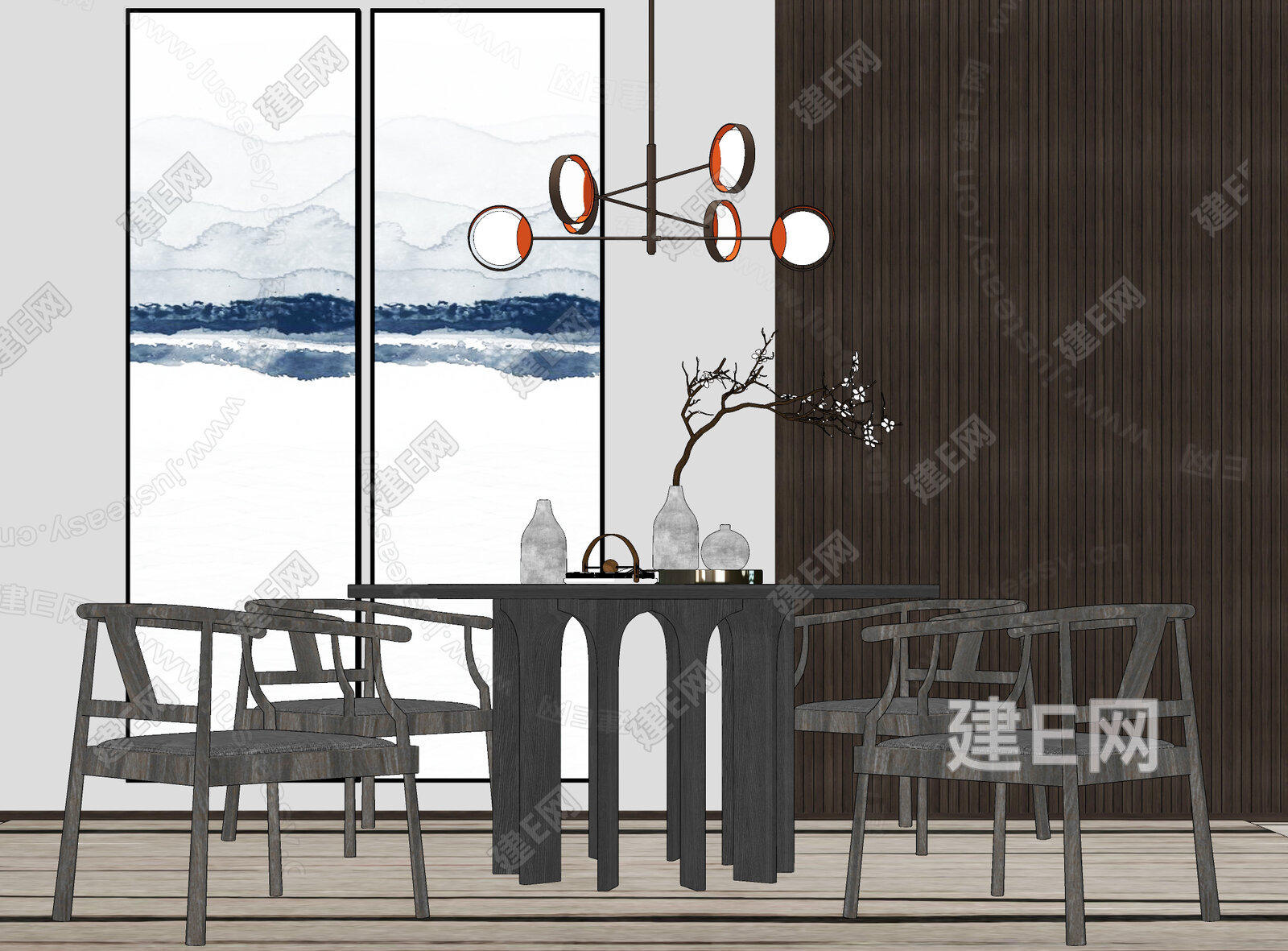 新中式轻奢餐厅模型SU模型下载[ID:110318072]_建e网su模型