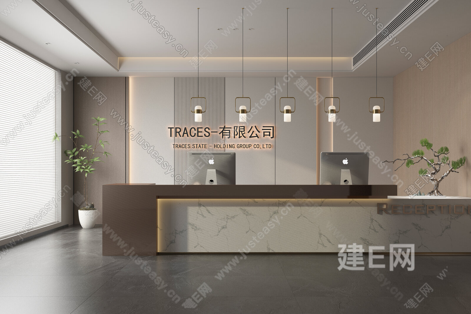 现代风格接待前台 公司前台 LOGO 绿植 吊灯 展柜模型SU模型下载[ID:110252475]_建E室内设计网