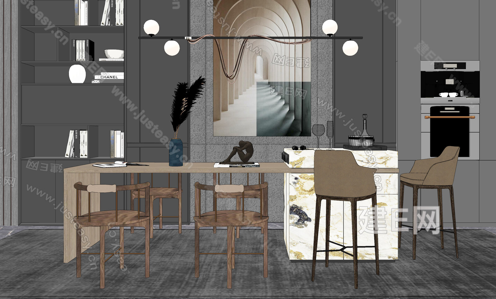 现代岛台餐桌椅模型SU模型下载[ID:110907810]_建e网su模型