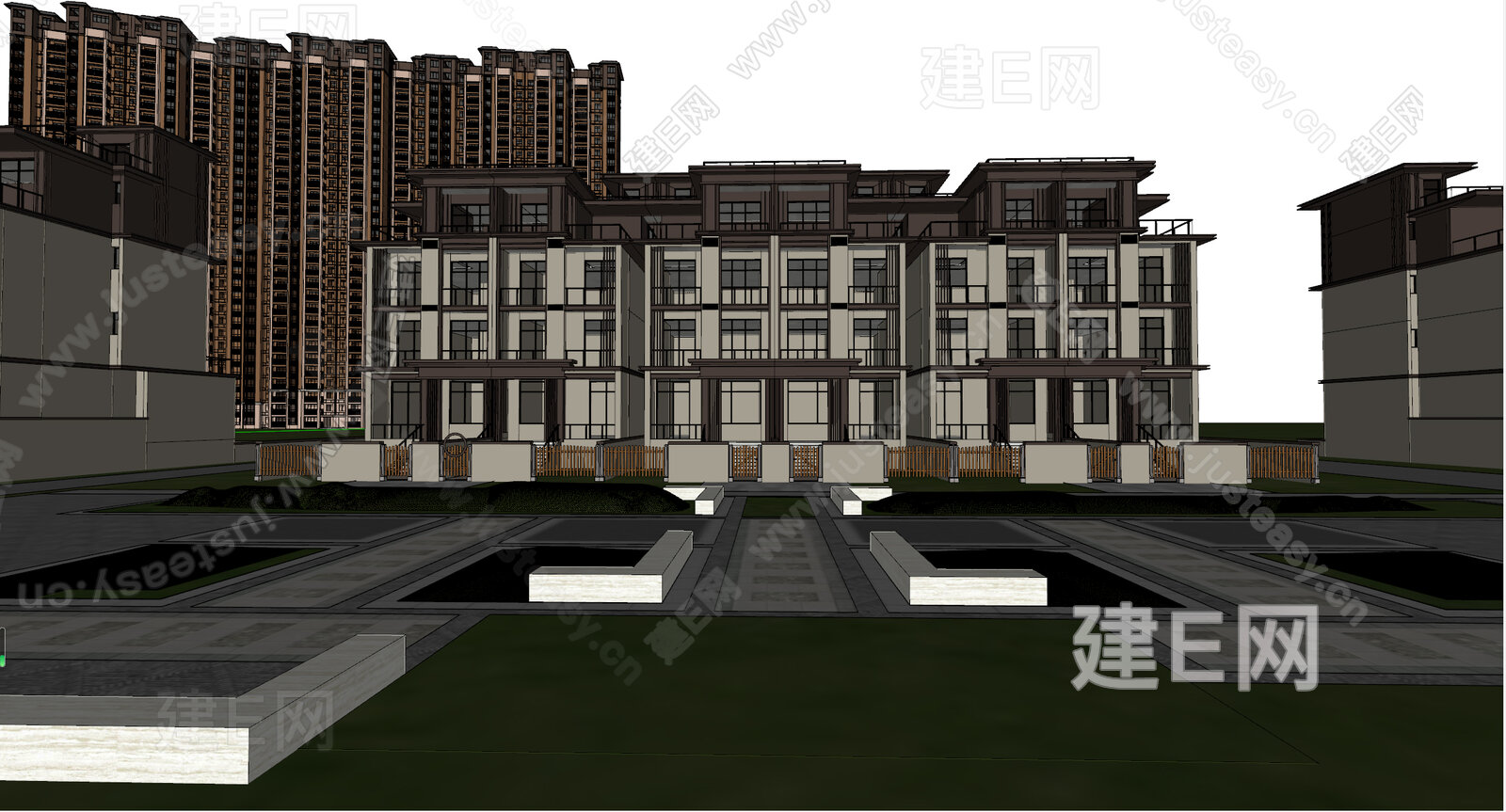 新中式风格联排别墅模型SU模型下载[ID:111038725]_建e网su模型