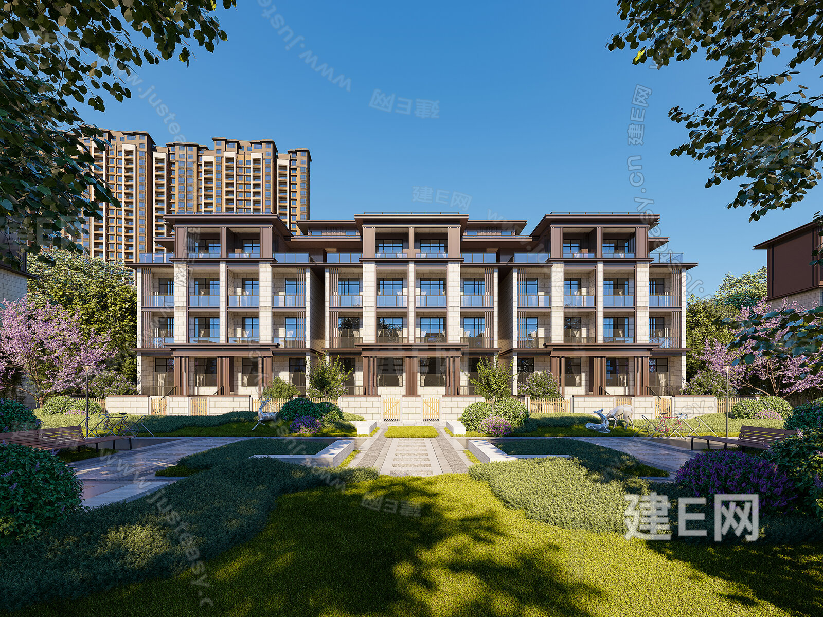 新中式风格联排别墅模型SU模型下载[ID:111038725]_建e网su模型