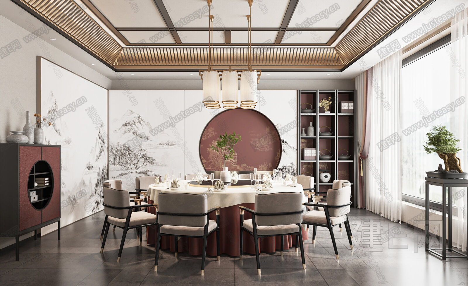 新中式餐厅包间3d模型下载[ID:103241946]_建e网3d模型