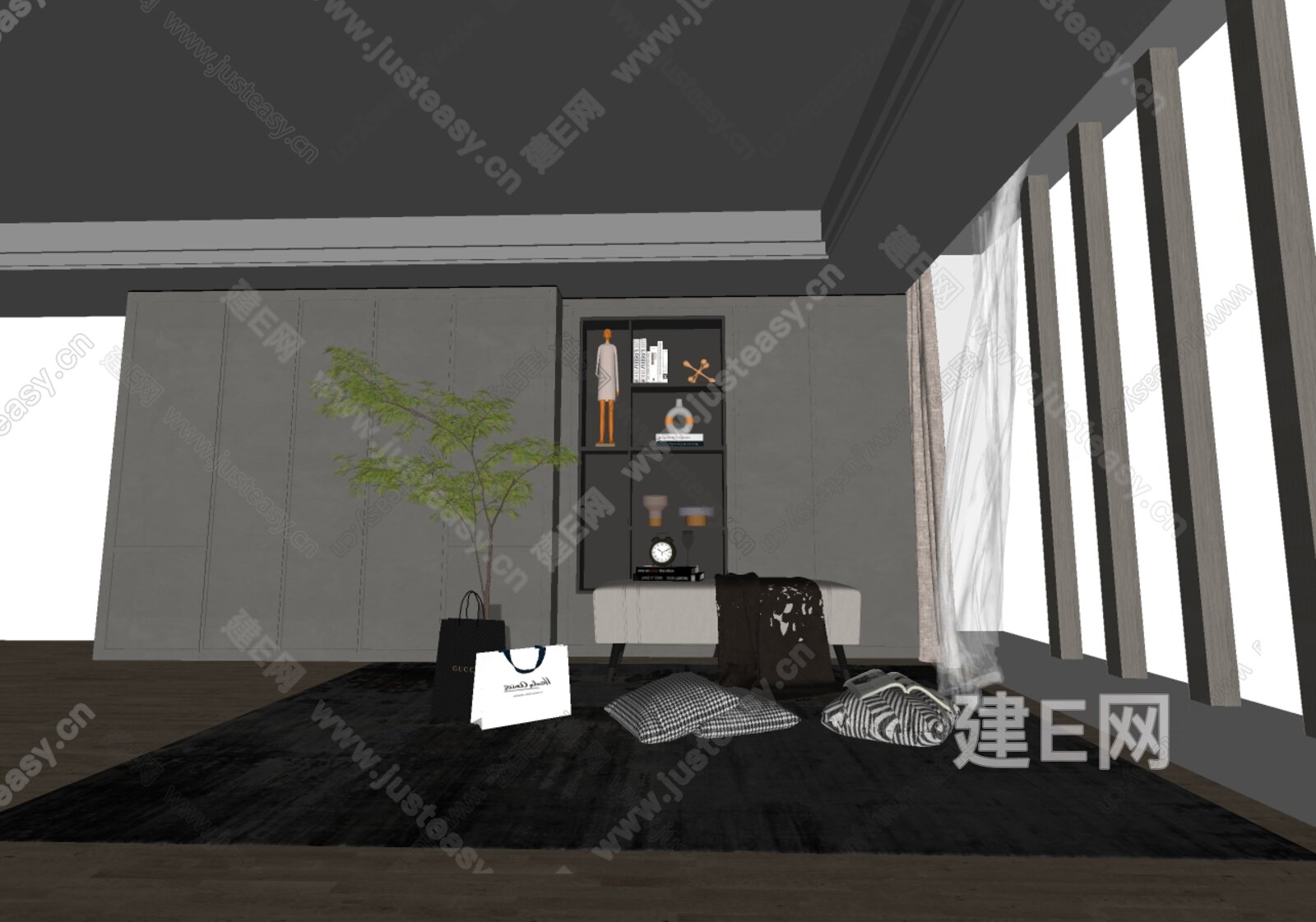 现代床尾凳模型SU模型下载[ID:111563163]_建e网su模型