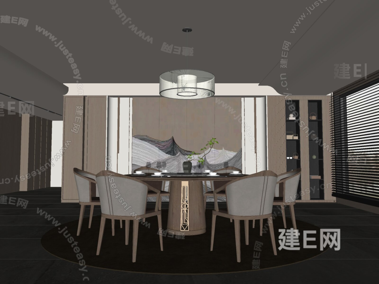 新中式餐厅模型SU模型下载[ID:111563206]_建E室内设计网