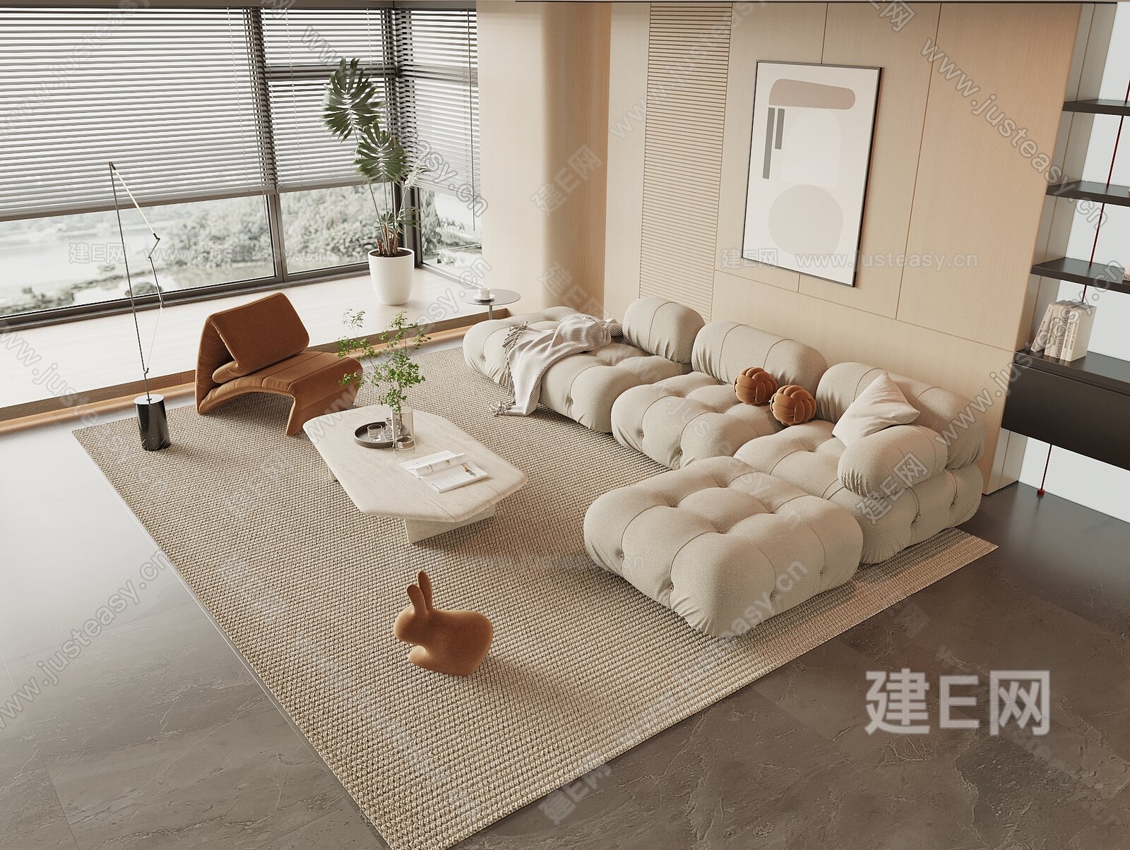 现代奶油风沙发茶几组合模型SU模型下载[ID:112218384]_建E室内设计网