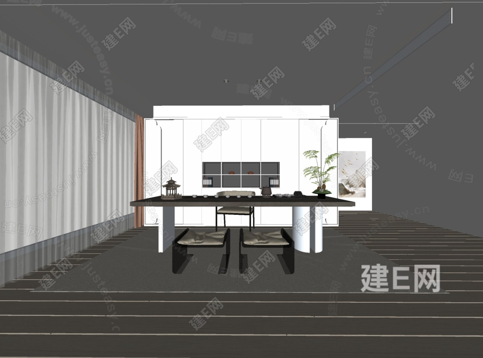 新中式禅意茶室模型SU模型下载[ID:112808343]_建e网su模型