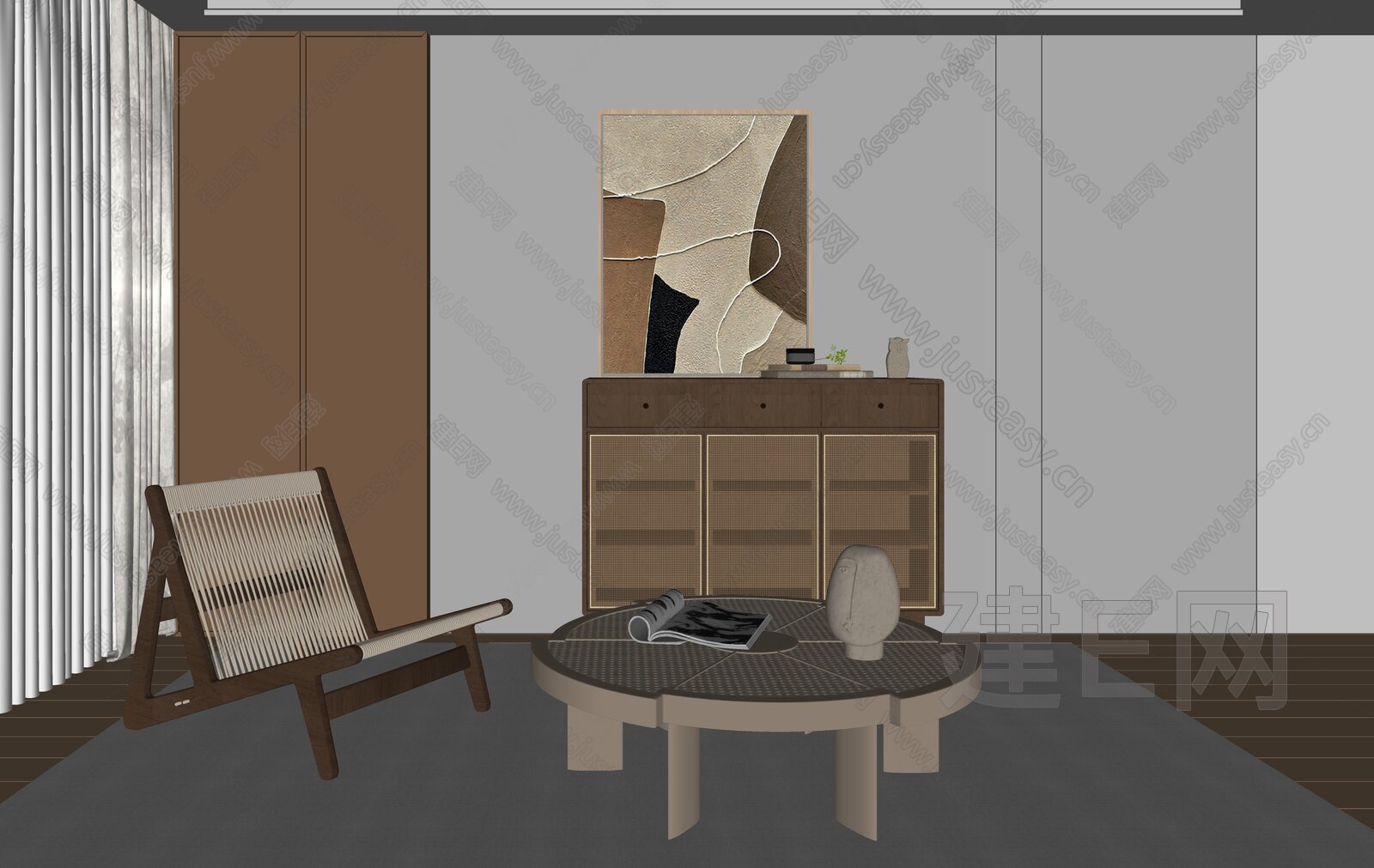 侘寂风休闲椅茶几组合模型SU模型下载[ID:105336968]_建E室内设计网