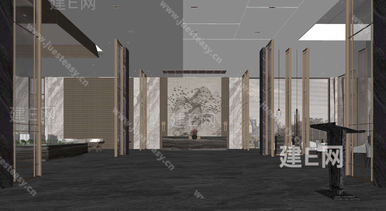 新中式售楼处大堂模型SU模型下载[ID:105009406]_建e网su模型
