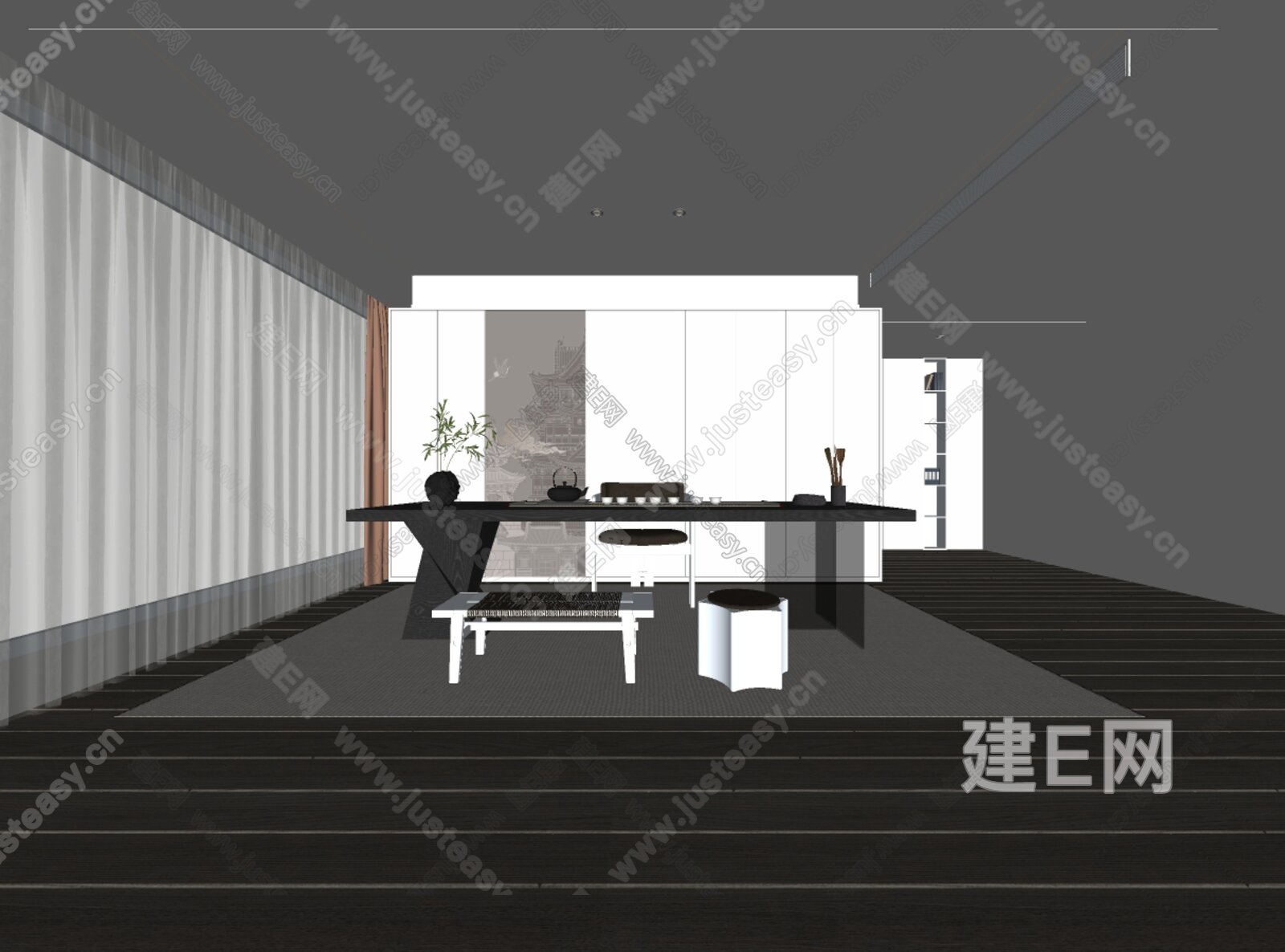 新中式禅意茶室模型SU模型下载[ID:106647696]_建e网su模型
