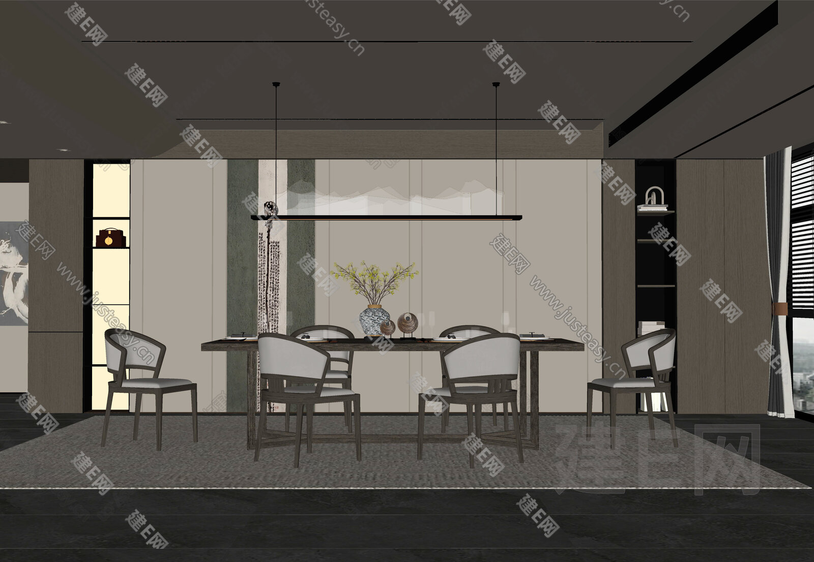 新中式餐厅模型SU模型下载[ID:107958494]_建E室内设计网