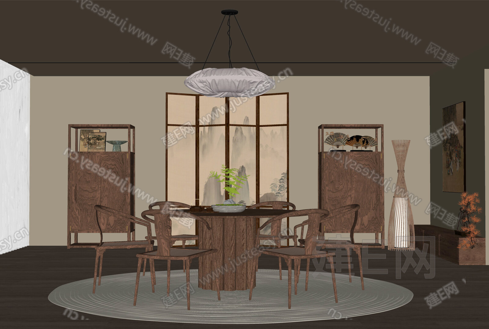 新中式餐厅模型SU模型下载[ID:107958478]_建E室内设计网
