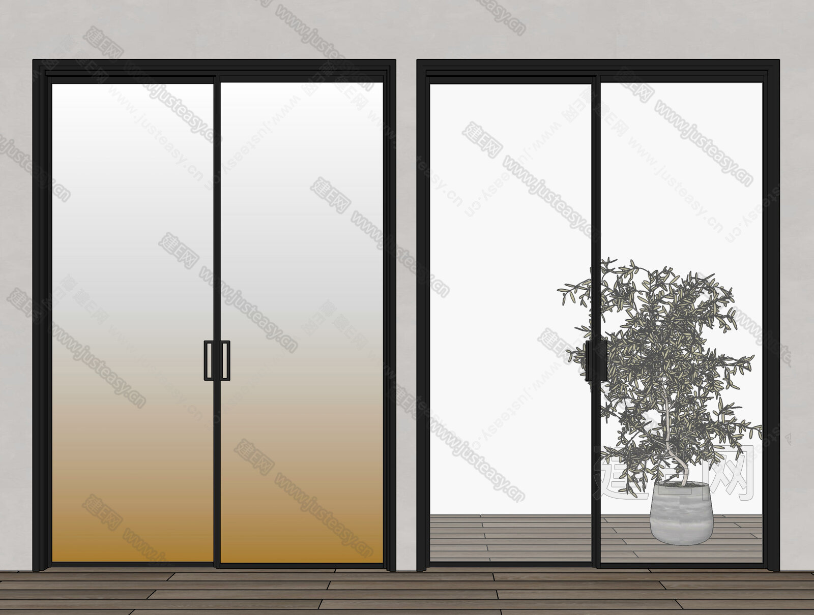 现代玻璃移门模型SU模型下载[ID:107565299]_建e网su模型
