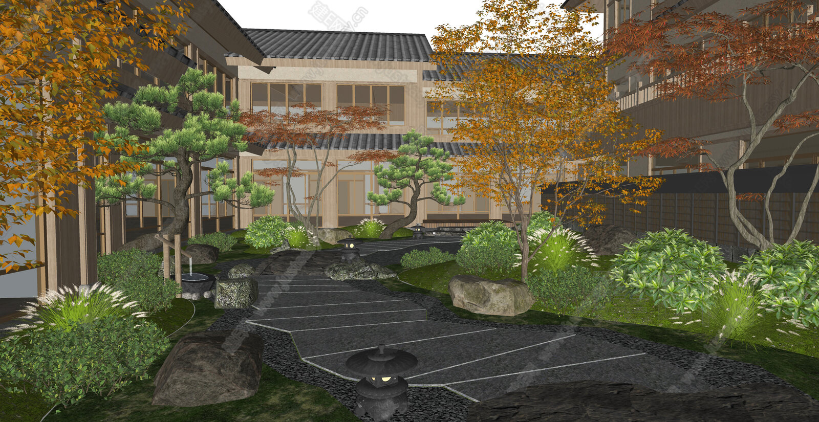 新中式民宿庭院景观模型SU模型下载[ID:108220522]_建E室内设计网
