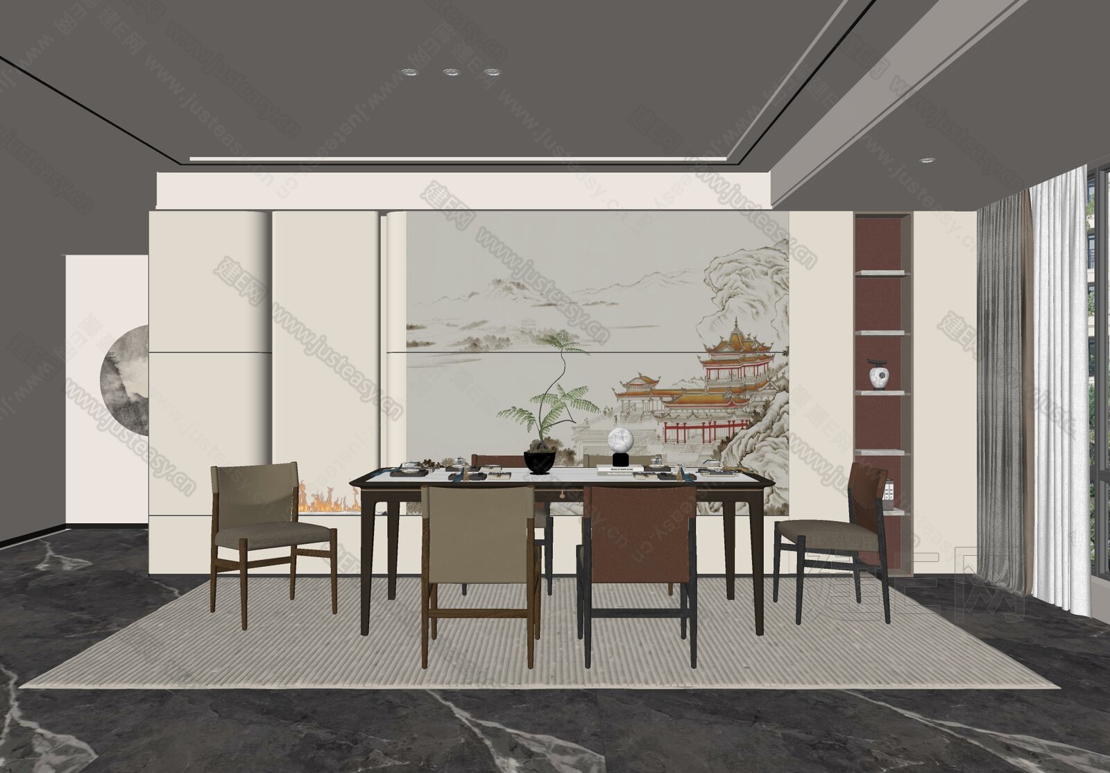 新中式餐厅模型SU模型下载[ID:108810495]_建E室内设计网