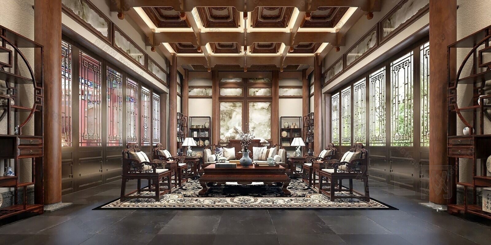 新中式会客厅模型SU模型下载[ID:108941448]_建e网su模型