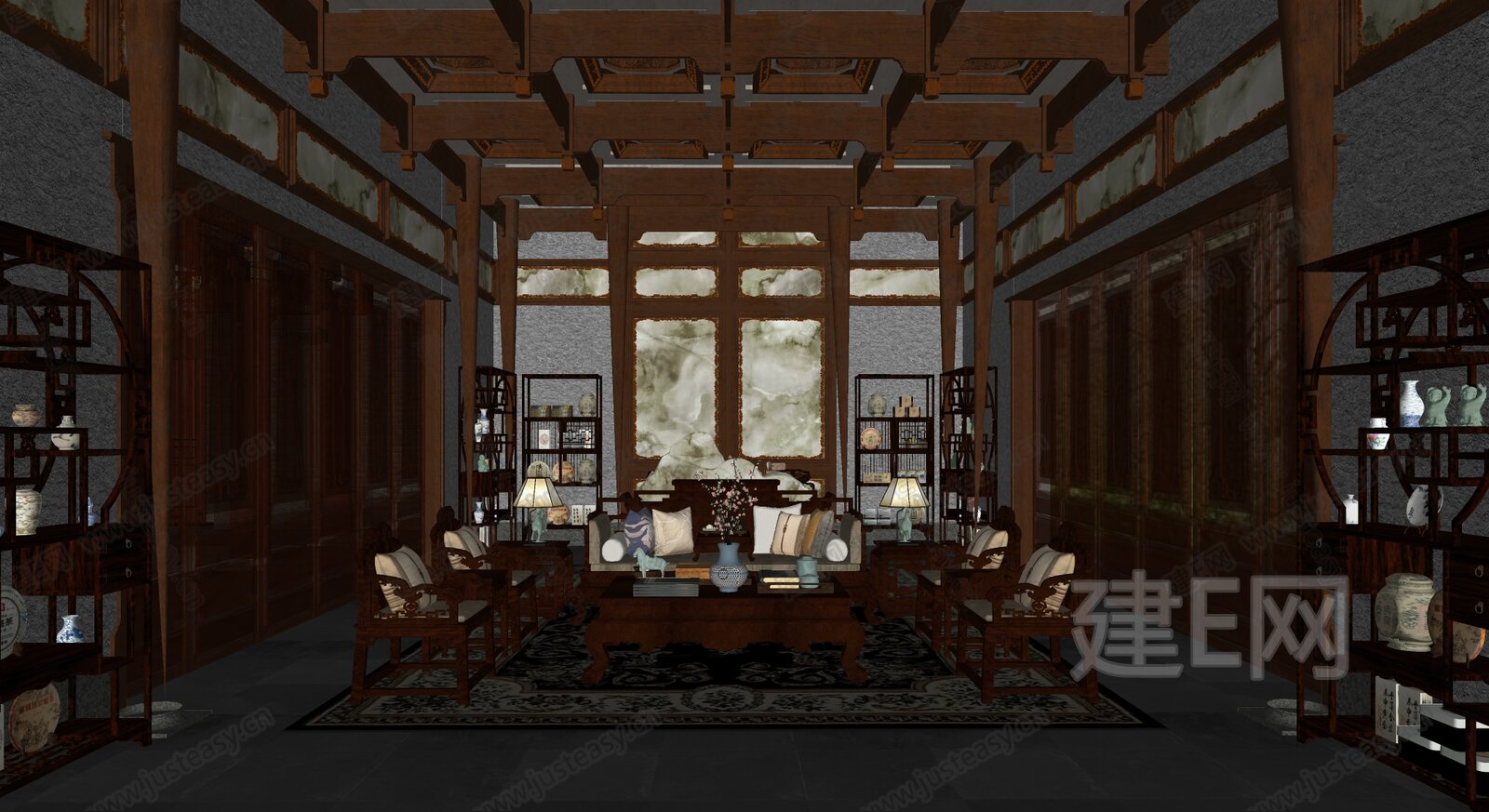 新中式会客厅模型SU模型下载[ID:108941448]_建e网su模型