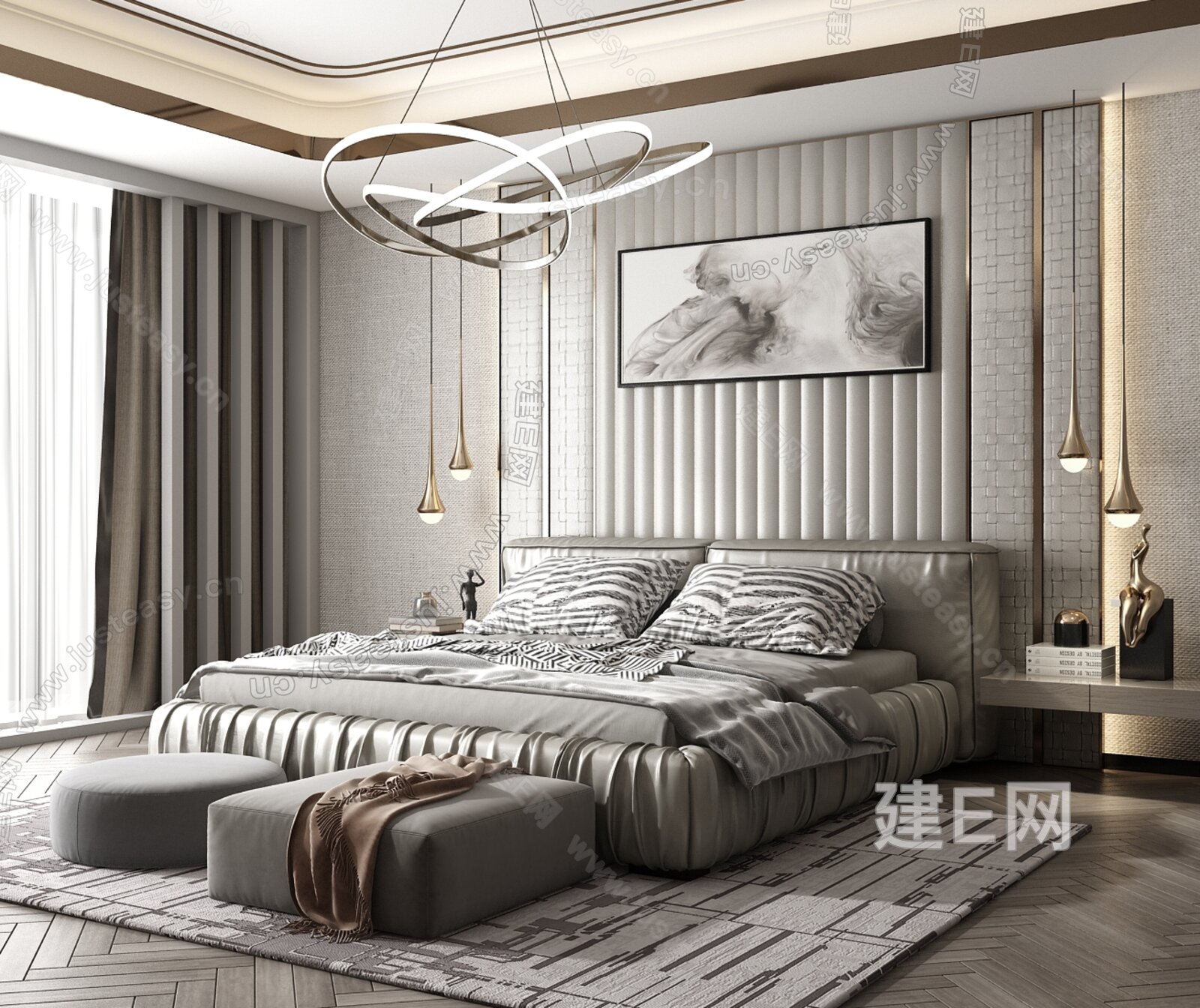 现代轻奢双人床模型SU模型下载[ID:100683793]_建E室内设计网