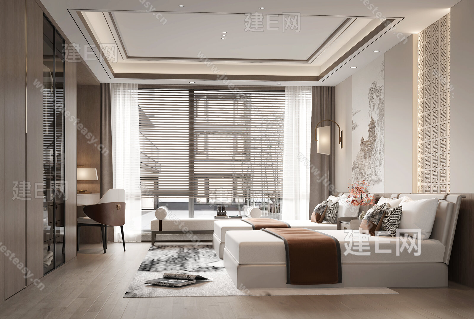 新中式酒店客房3d模型下载[ID:109271131]_建e网3d模型