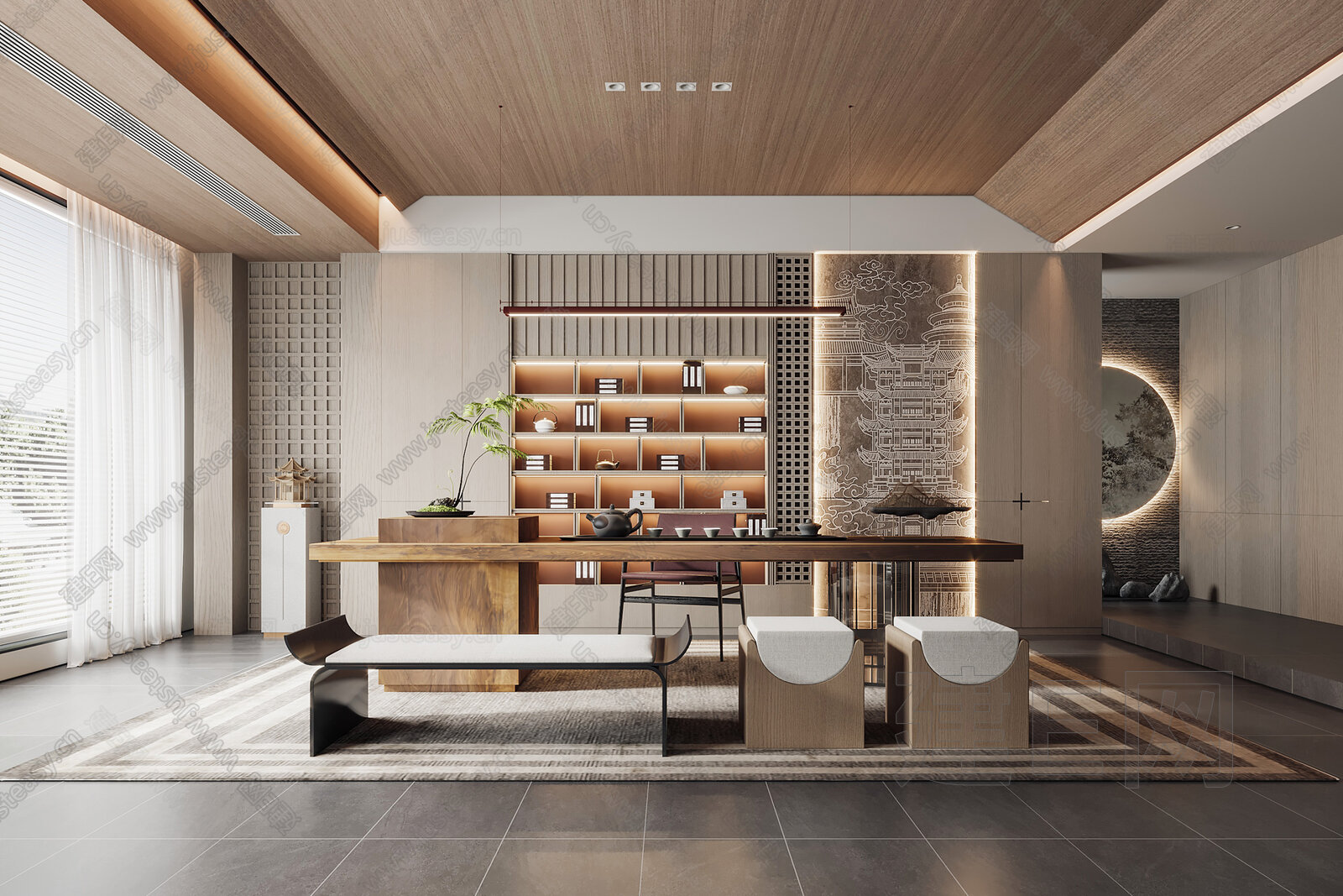 新中式茶室模型SU模型下载[ID:101273824]_建e网su模型