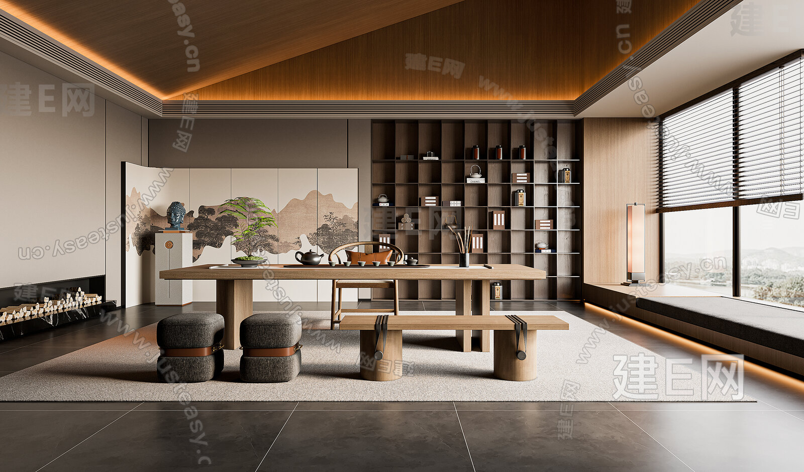 新中式茶室模型SU模型下载[ID:102191355]_建E室内设计网