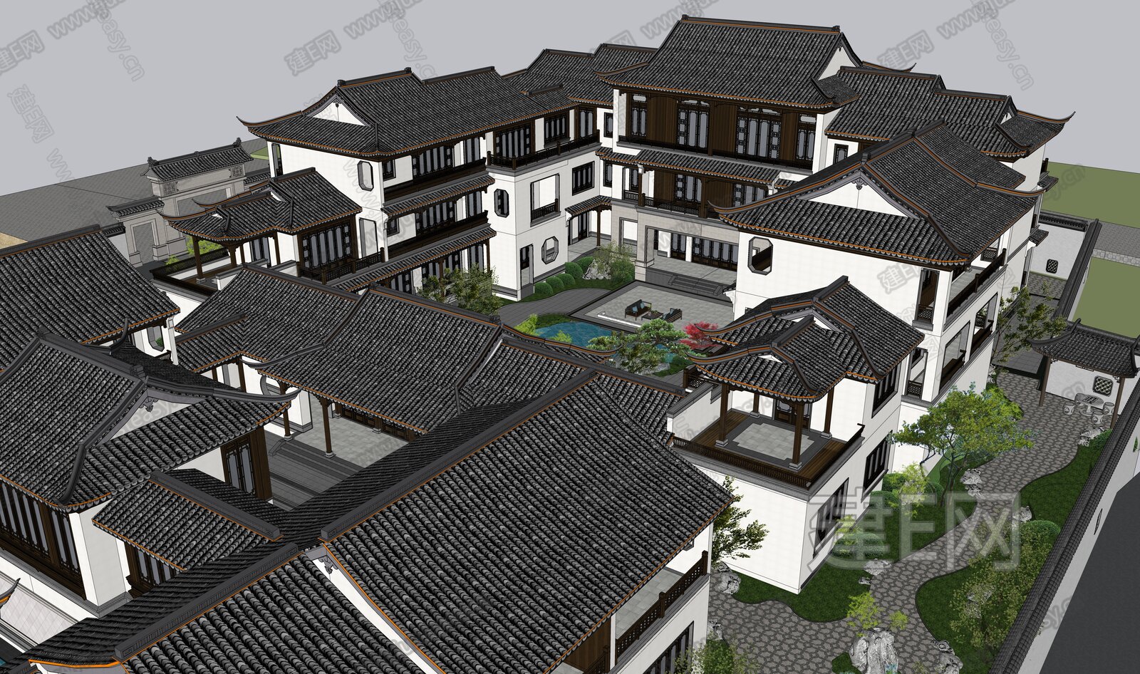 新中式独栋别墅 模型SU模型下载[ID:103632924]_建e网su模型