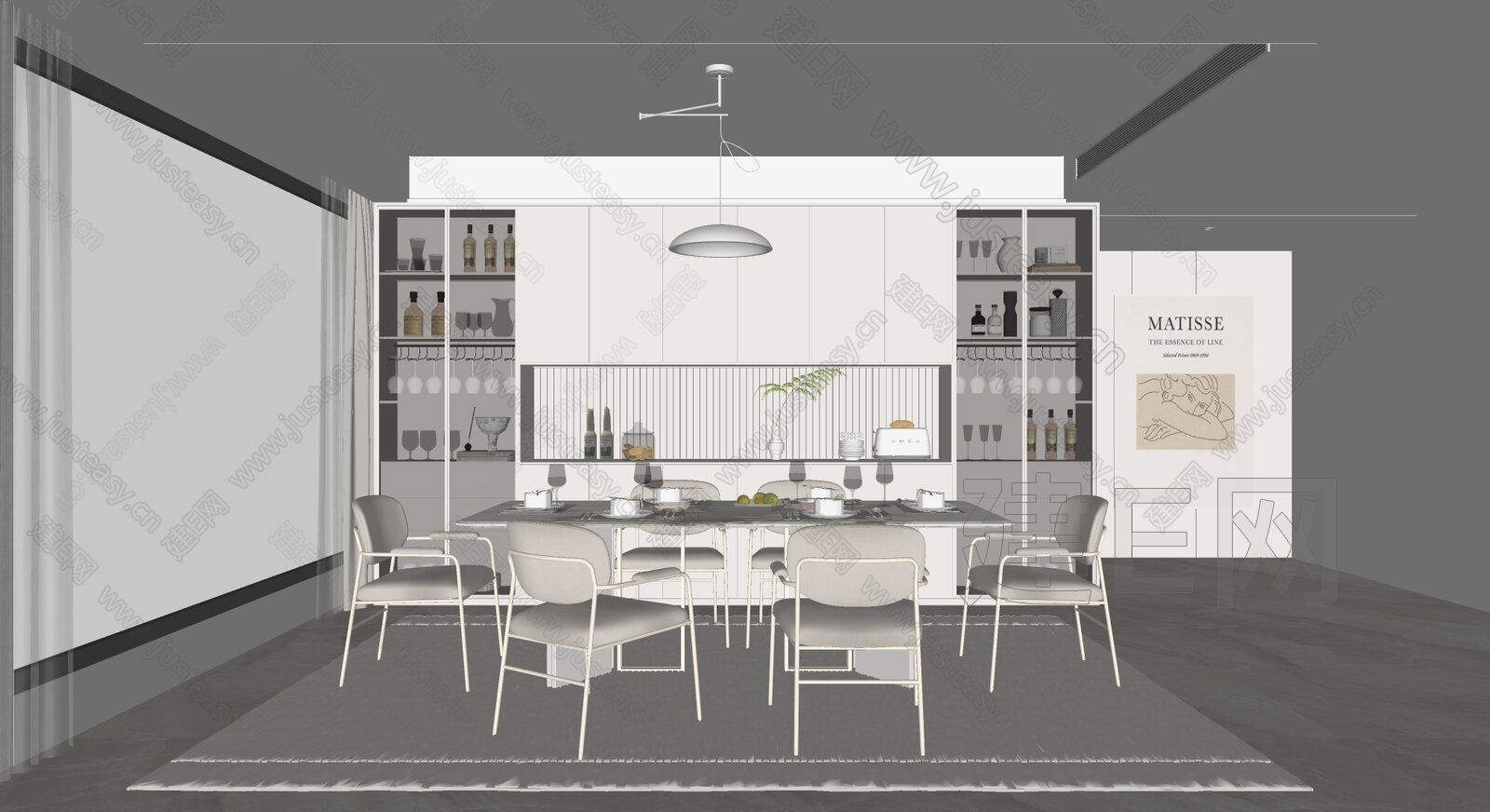 现代 奶油风餐厅模型SU模型下载[ID:104550589]_建e网su模型