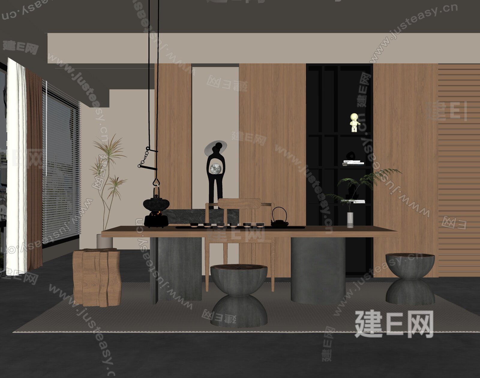 侘寂中古风茶桌椅组合模型SU模型下载[ID:104484924]_建E室内设计网