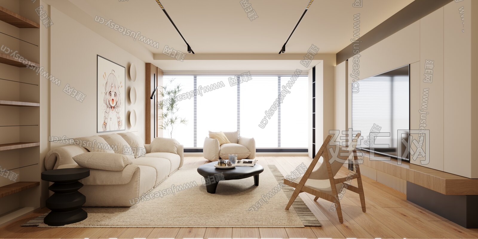 现代极简奶油风客厅模型SU模型下载[ID:113266793]_建E室内设计网