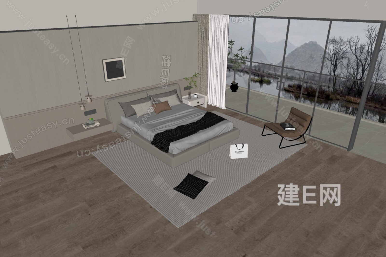 现代双人床模型SU模型下载[ID:114512020]_建E室内设计网