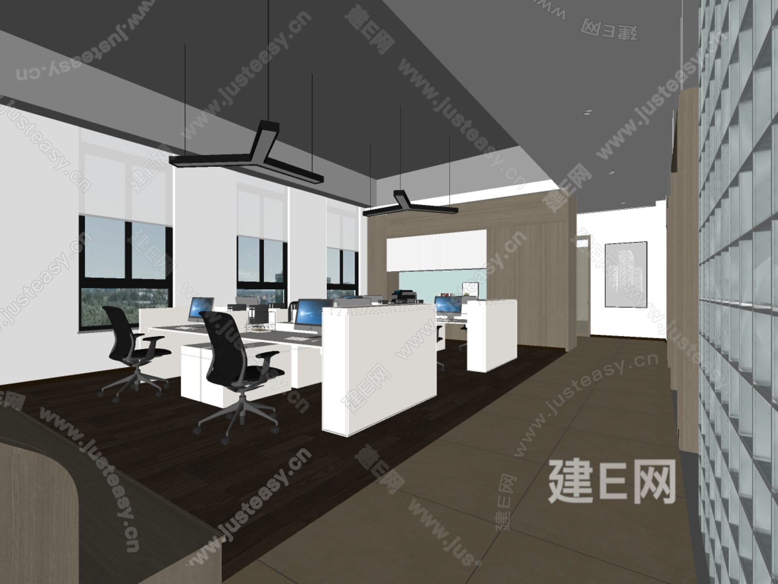 现代敞开式办公室3D模型模型SU模型下载[ID:115363911]_建e网su模型