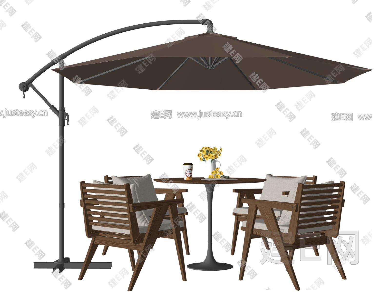 现代户外桌椅遮阳伞树木植物组合3d模型下载_ID11952954_3dmax免费模型-欧模网