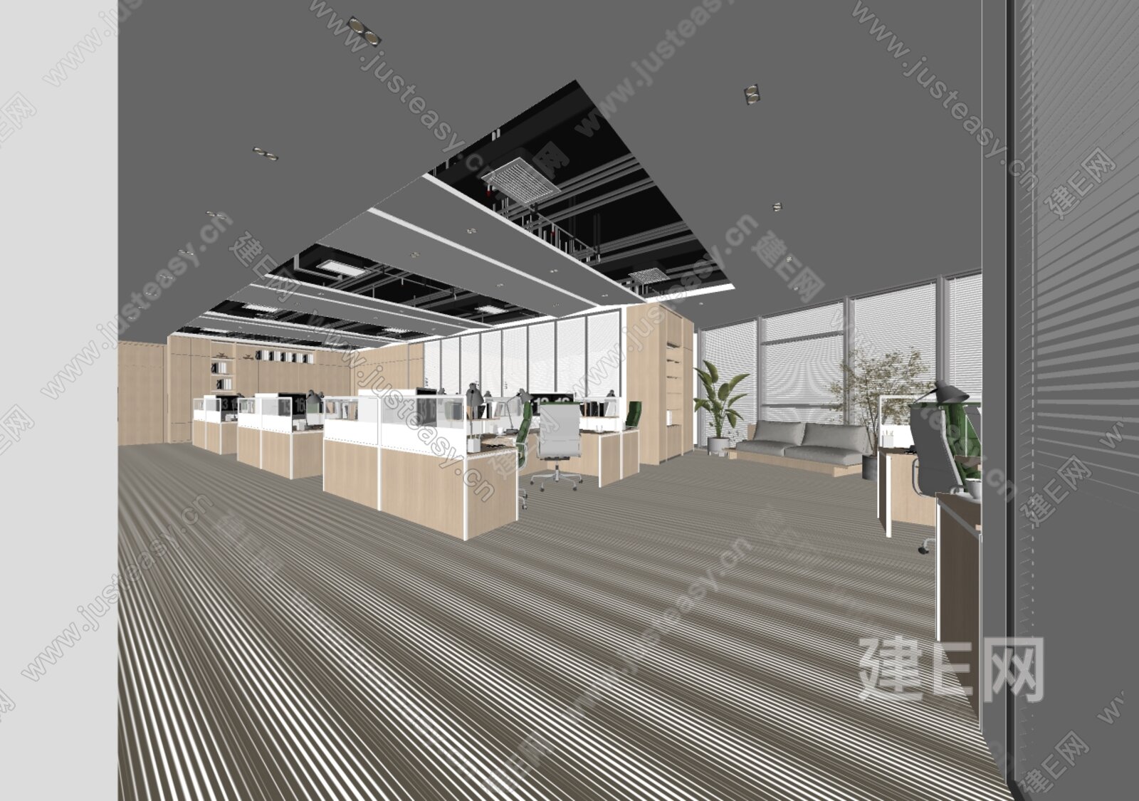 现代公共开敞办公区模型SU模型下载[ID:115953895]_建e网su模型