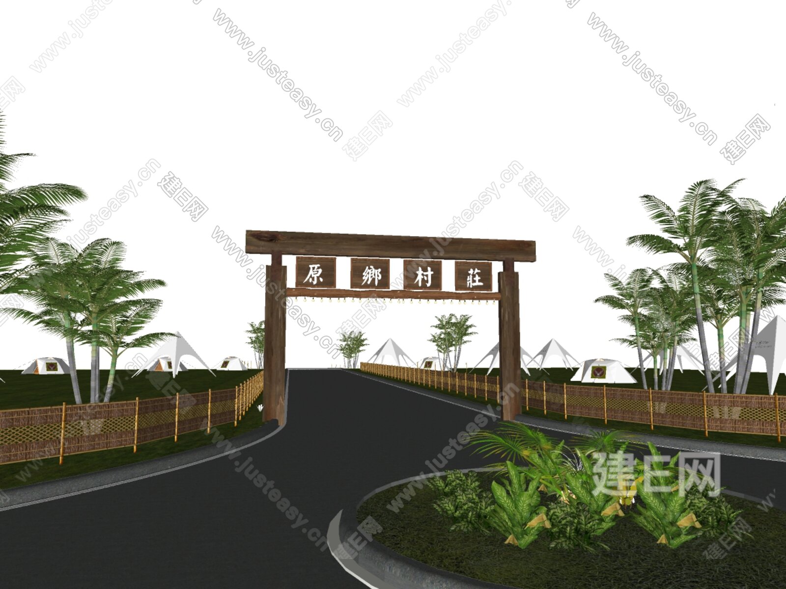 现代公园入口大门 露营入口 农场景观大门 木质logo大门 公园入口景墙模型SU模型下载[ID:115888334]_建E室内设计网