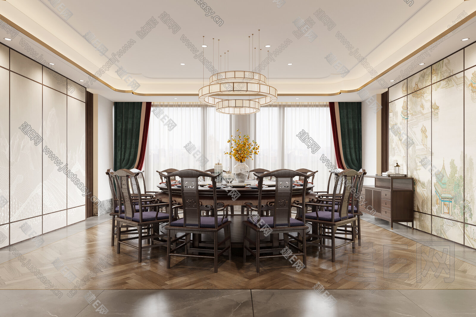新中式餐厅包间3d模型下载[ID:108485387]_建e网3d模型