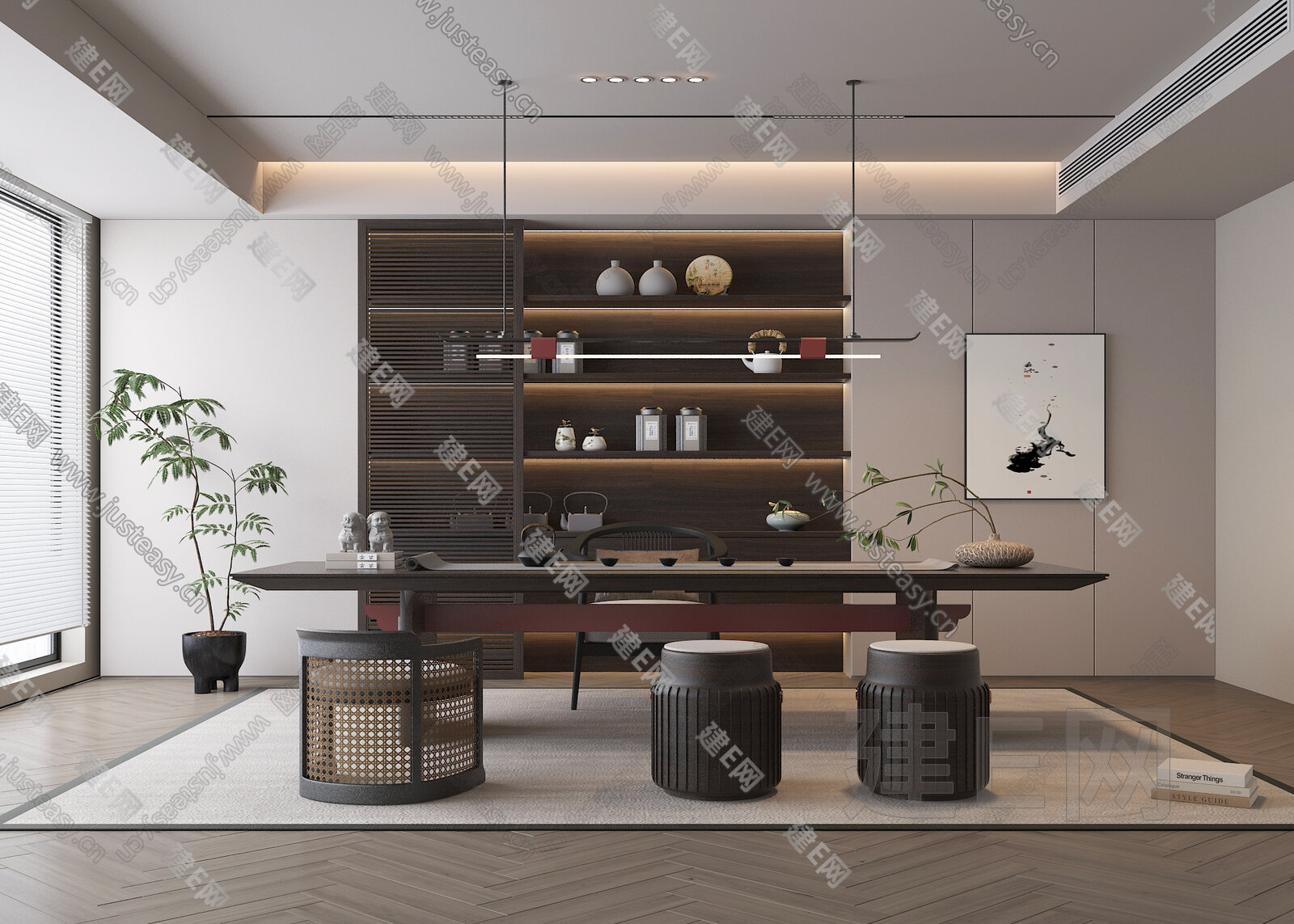 现代风格茶室 茶桌椅 茶柜 绿植 地毯 茶具组合模型SU模型下载[ID:116936947]_建E室内设计网