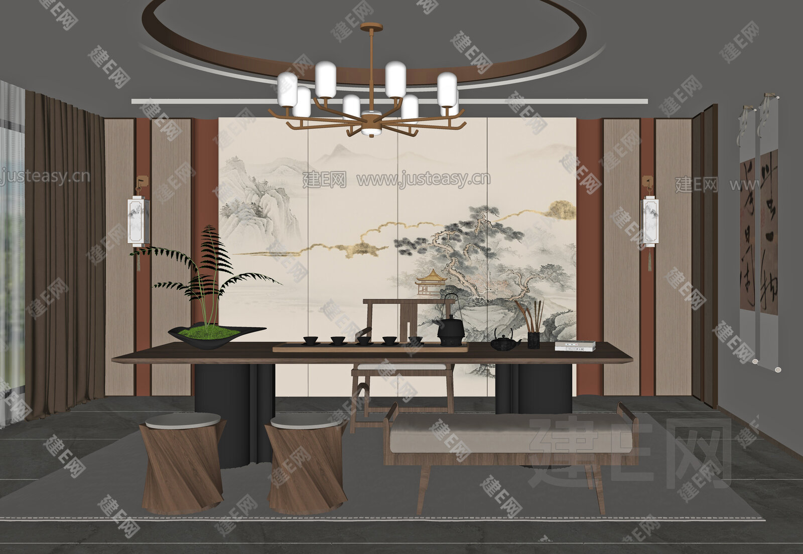新中式茶室模型SU模型下载[ID:117133319]_建E室内设计网