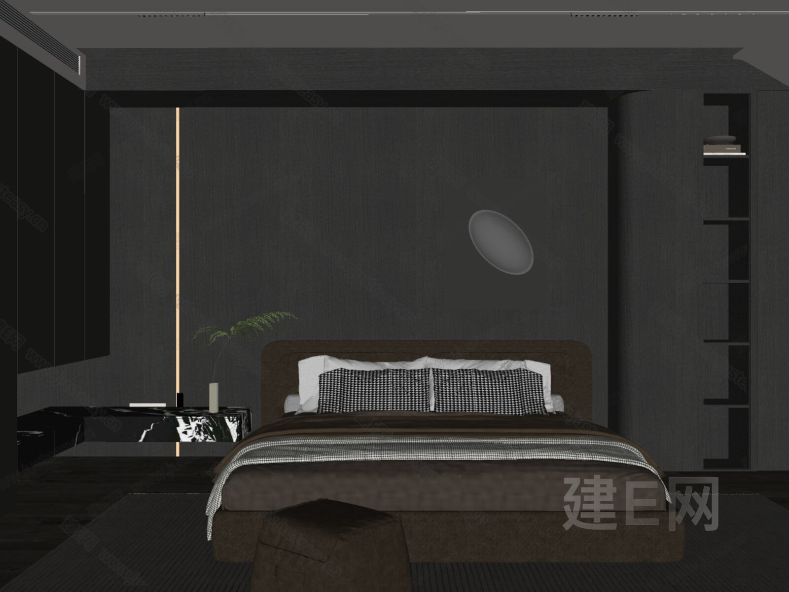 现代暗黑风卧室SU模型下载[ID:111300727]，现代暗黑风卧室，SU模型下载