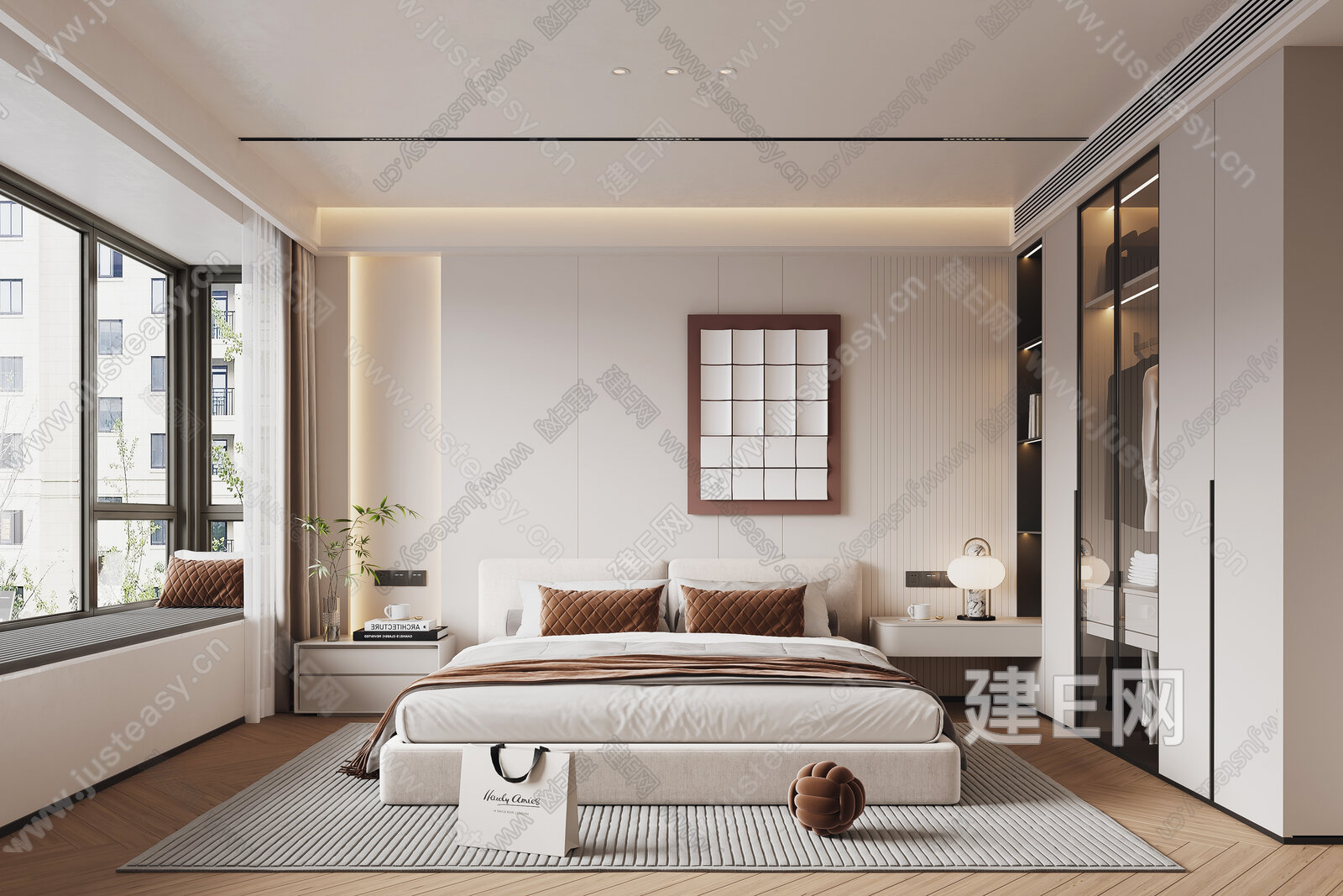 【现代奶油风卧室3d模型】建e网_现代奶油风卧室3d模型下载[ID:104553247]_打造3d现代奶油风卧室模型免费下载平台
