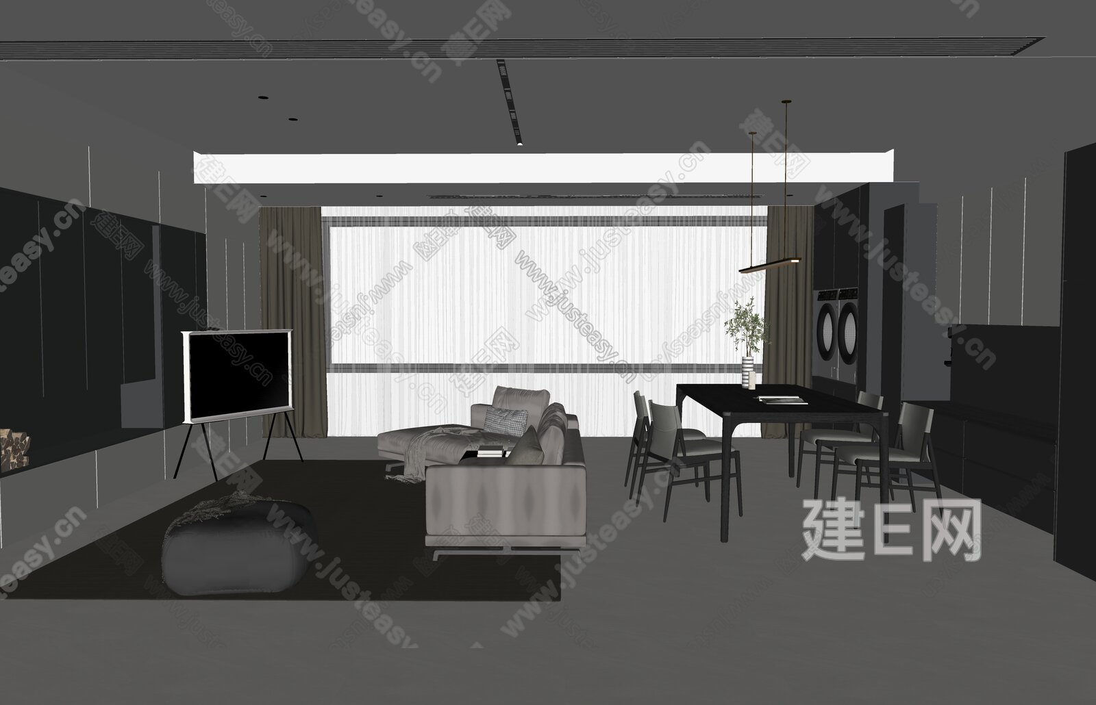 现代极简客餐厅模型SU模型下载[ID:105141225]_建e网su模型