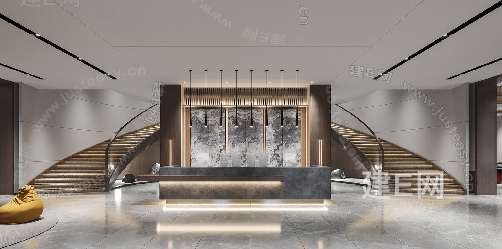 新中式公司前台接待模型SU模型下载[ID:106844946]_建e网su模型