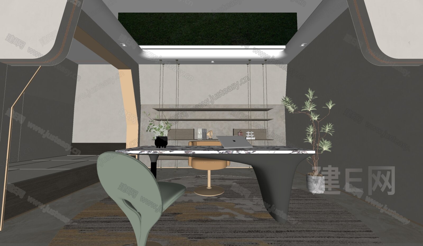 侘寂风书房模型SU模型下载[ID:106648537]_建e网su模型