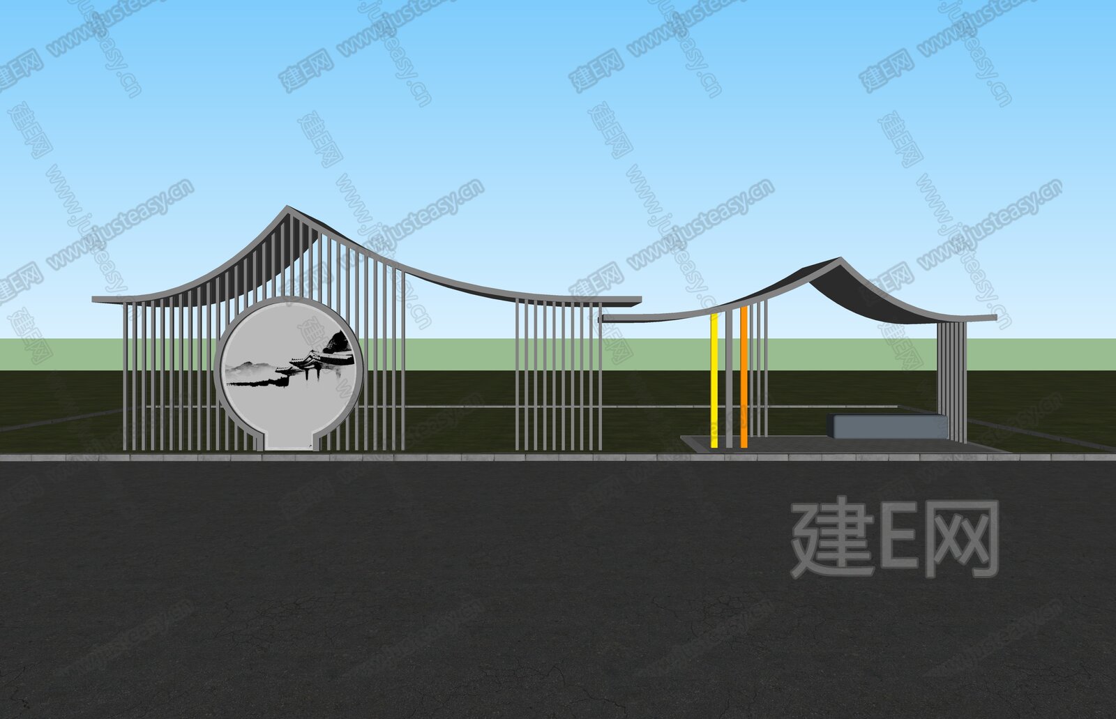 新中式景观廊架模型SU模型下载[ID:107303705]_建e网su模型