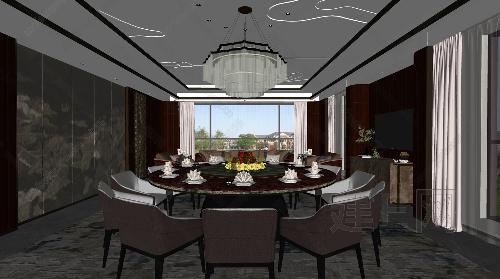 新中式中餐厅包厢模型SU模型下载[ID:107303701]_建E室内设计网